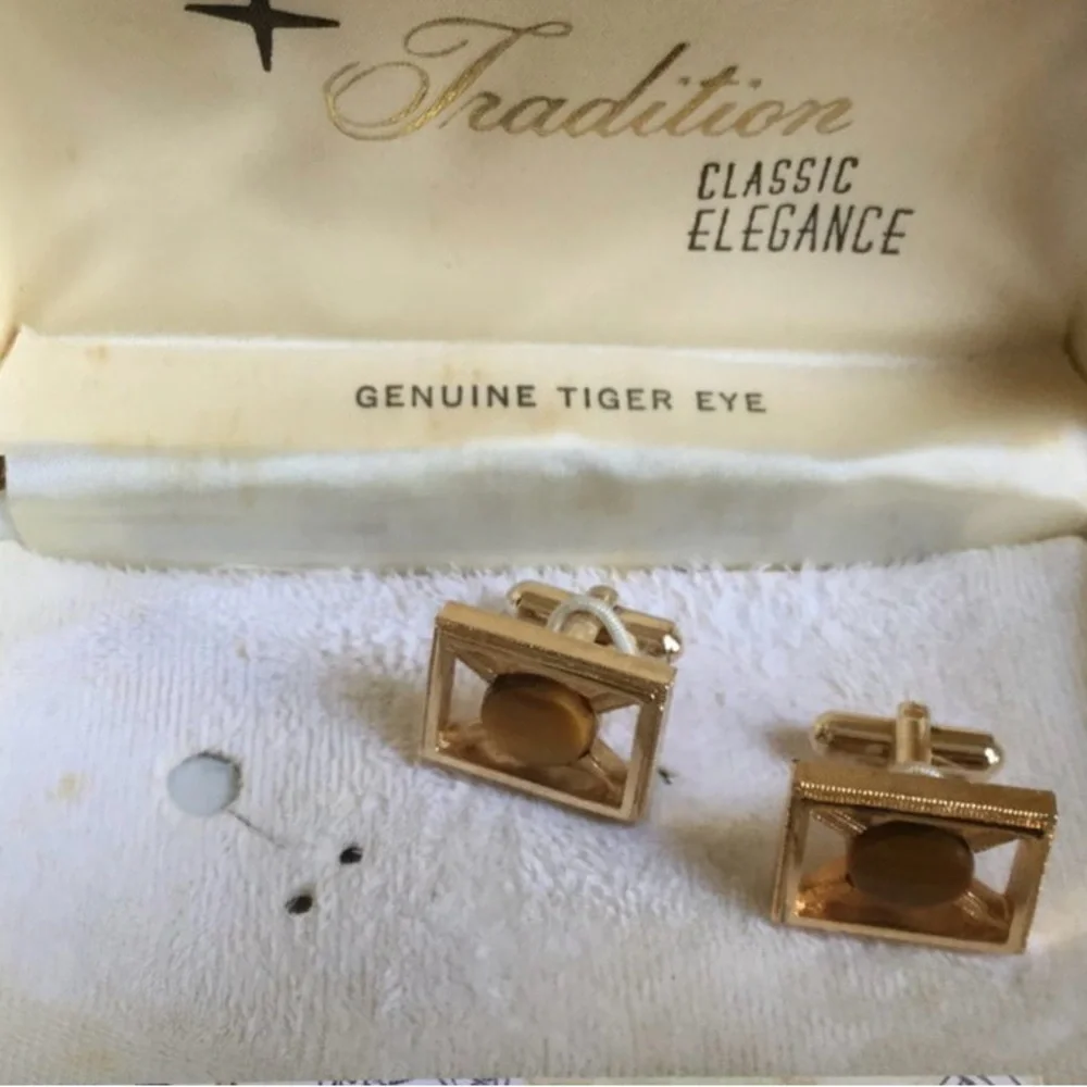 Vintage Genuine Gold-tone Tiger Eye Cuff Links